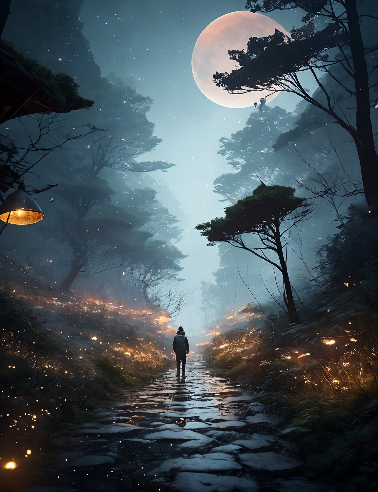 05015-3796824607-a man with walking along a narrow path, on the edges of which there is a cliff, the milky way, fireflies, stars, a moon, trends.jpg